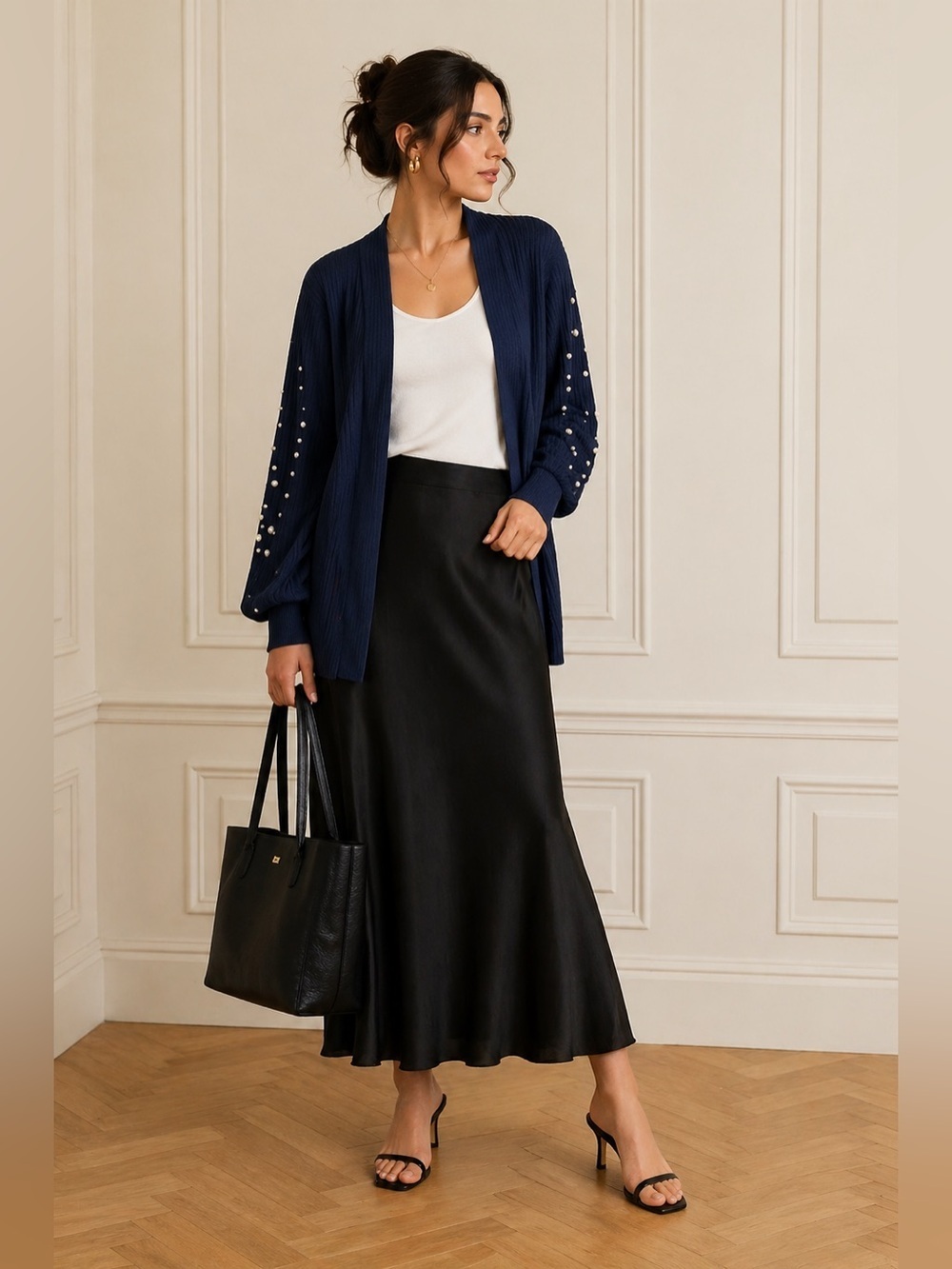 Pearl Embellished longline open front ribbed cotton blend Navy Cardigan